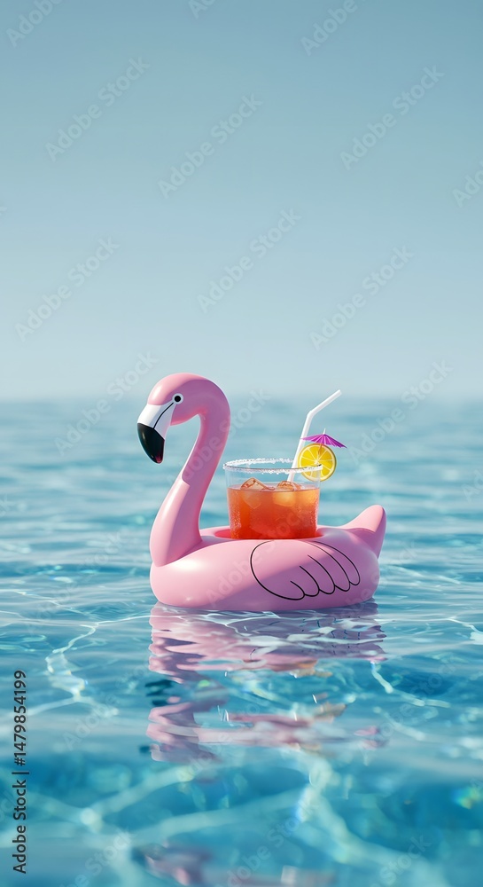Flamingo drink holder with cup floating in empty pool Flamingo drink holder with cup floating in empty pool