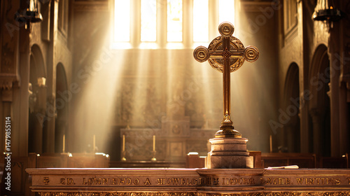 Church interior with cross and light rays religious building architecture worship place
