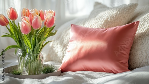 Soft pink silk pillow and tulips in a bedroom