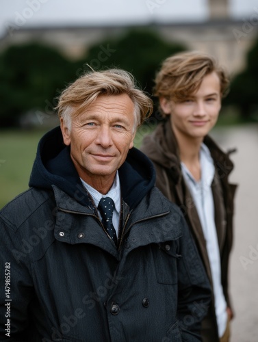 Close-up of mature man and young man standing outdoors in casual clothing, blurred background