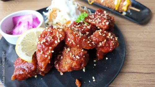 Spicy Fried Chicken Wings, Korean Style, Crispy and Saucy Snack Plate. High quality 4k footage