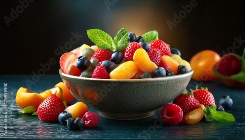 Frutas y bayas con hojas de menta fresca en un bol sobre la mesa. Postres de verano y alimentación saludable.