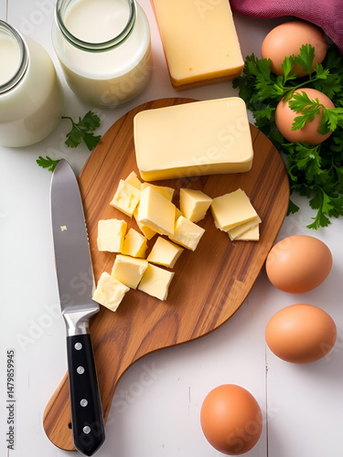 A bar of butter is cut into pieces on a wooden board with a knife, surrounded by milk, eggs and parsley on a white table. Ingredients for cooking.