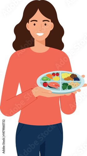 Woman Holding Plate with Diverse Healthy Food Portions Vector Illustration 