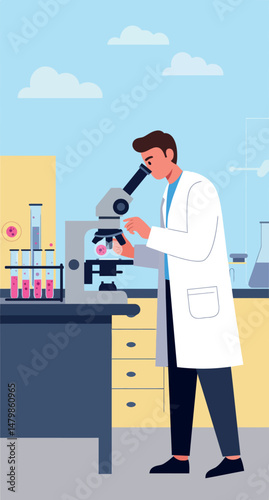 Scientist using microscope in laboratory research environment vector illustration 
