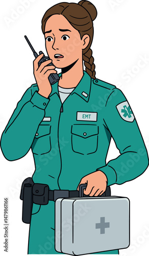 Emergency medical technician woman in green uniform holding radio and first aid kit vector illustration 