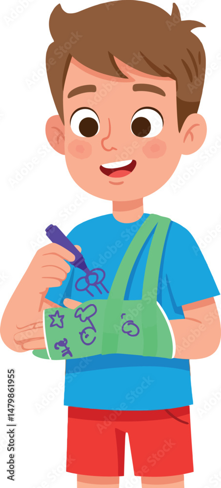 Boy with arm cast drawing and coloring in blue shirt and red shorts vector illustration Boy with arm cast drawing and coloring in blue shirt and red shorts vector illustration