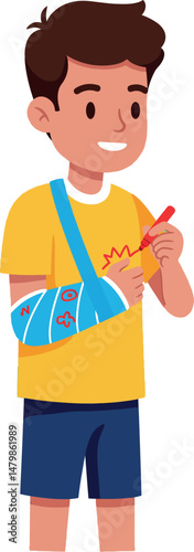 Boy with arm sling drawing with red pencil in casual summer clothes vector illustration 