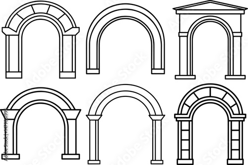 Set of arch outline vector illustration line art