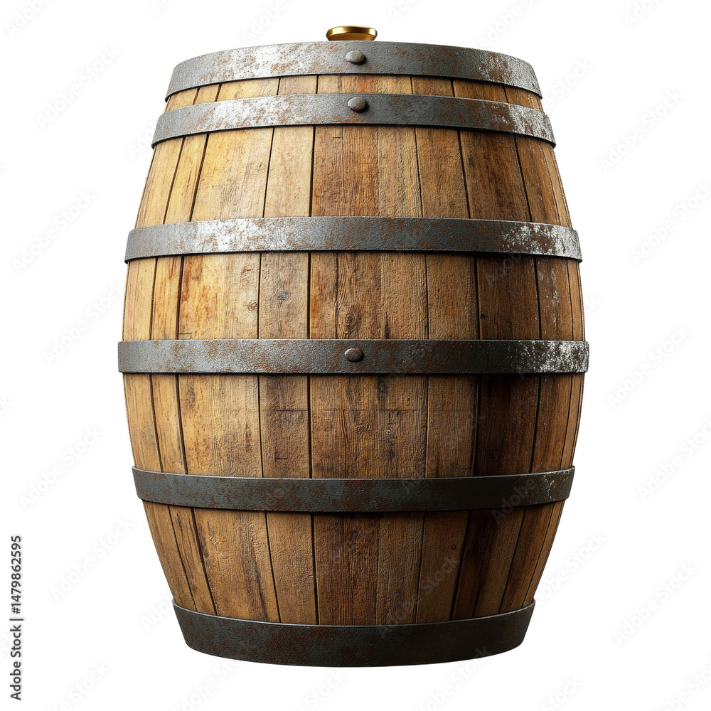 Fototapeta premium Rustic wooden barrel with metal hoops, vintage container, aging, traditional 