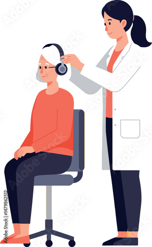 Audiologist examining elderly woman with hearing test device in clinic setting vector illustration 
