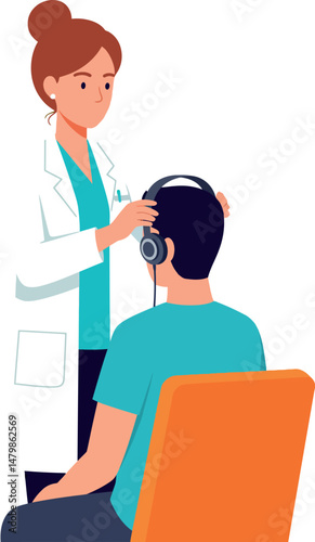 Audiologist examining patient with headphones in medical office vector illustration 