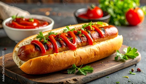 hotdog with juicy grilled sausage and simple garnish set up with tomato sauce