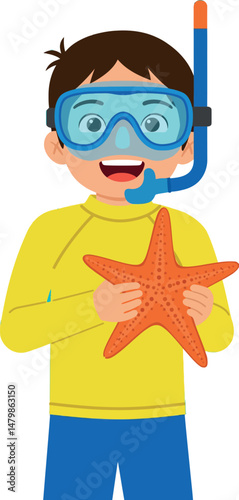 Child holding starfish wearing snorkeling gear and yellow shirt illustration vector 