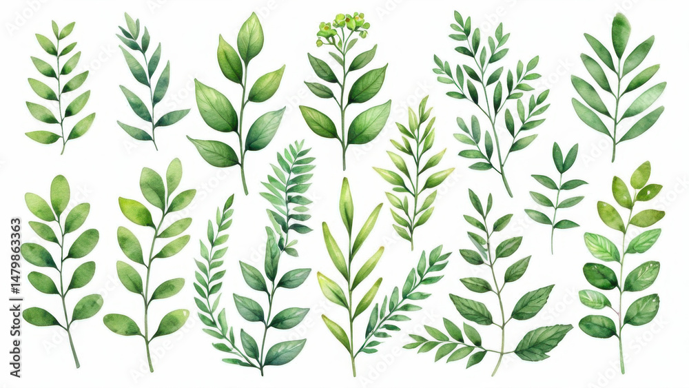 Fototapeta premium A delicate illustration of green leaves created using watercolor techniques