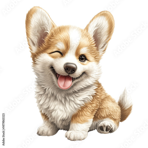 Adorable Welsh Corgi Puppy with a Playful Wink on a Clean White Background photo