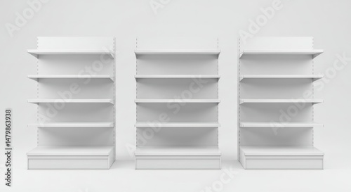 Three dimensional view of empty white shelves for store visualization