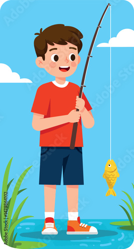 Boy fishing with rod and caught fish by lake in summer vector illustration 