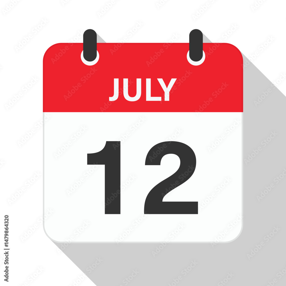 Fototapeta premium July 12 Daily Calendar. Red Theme on White Background