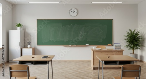 Traditional classroom environment featuring a blackboard, desks and teacher's table