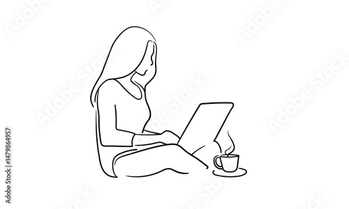 Woman working on laptop and drink tea, continious line drawing. Freelancer, technologies, self-employed outline. Vector illustration