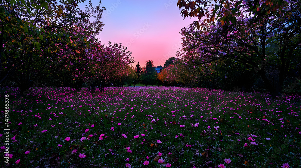 Obraz premium Colorful Pink And Purple Flowers Field At Sunset