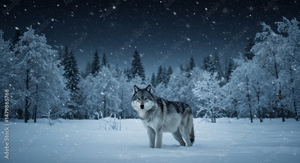 Naklejka premium Lone Wolf in Winter's Embrace: A Snowy Night