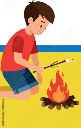 Boy roasting marshmallow on campfire outdoors in summer vector illustration 