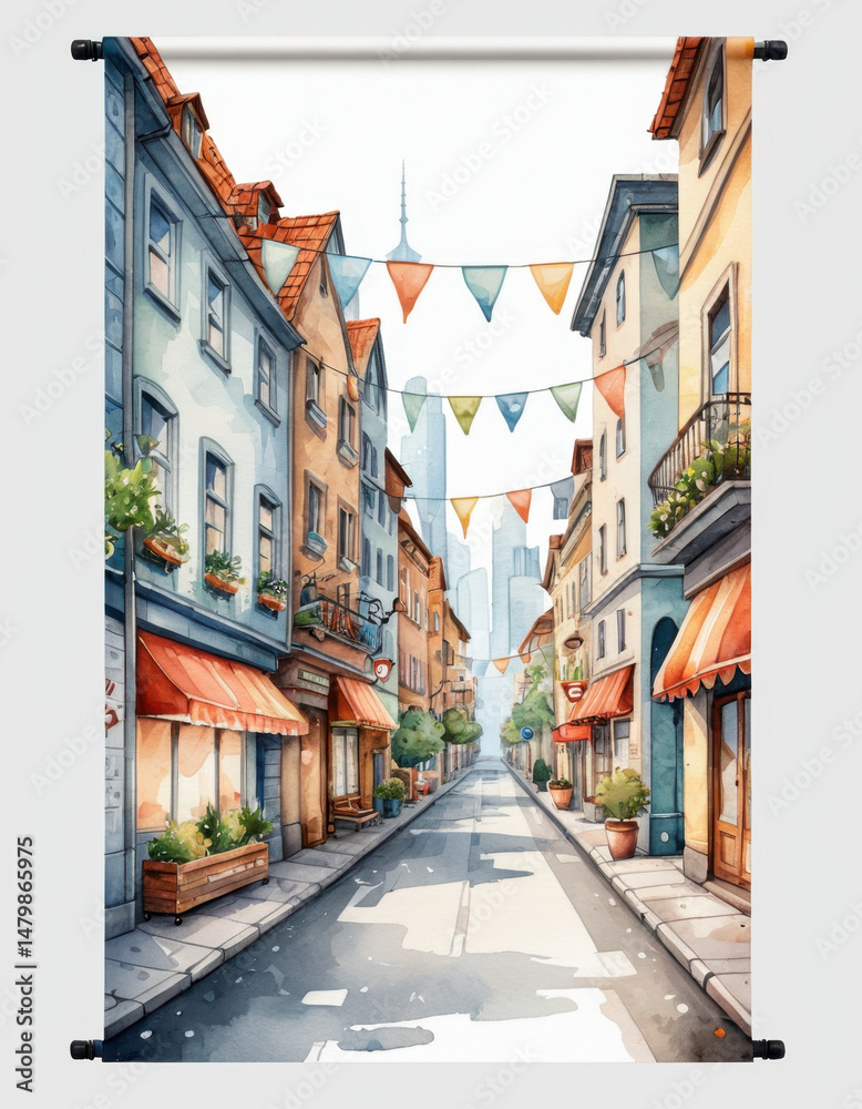 Obraz premium A watercolor illustration of a busy city street with buildings, cars, and people