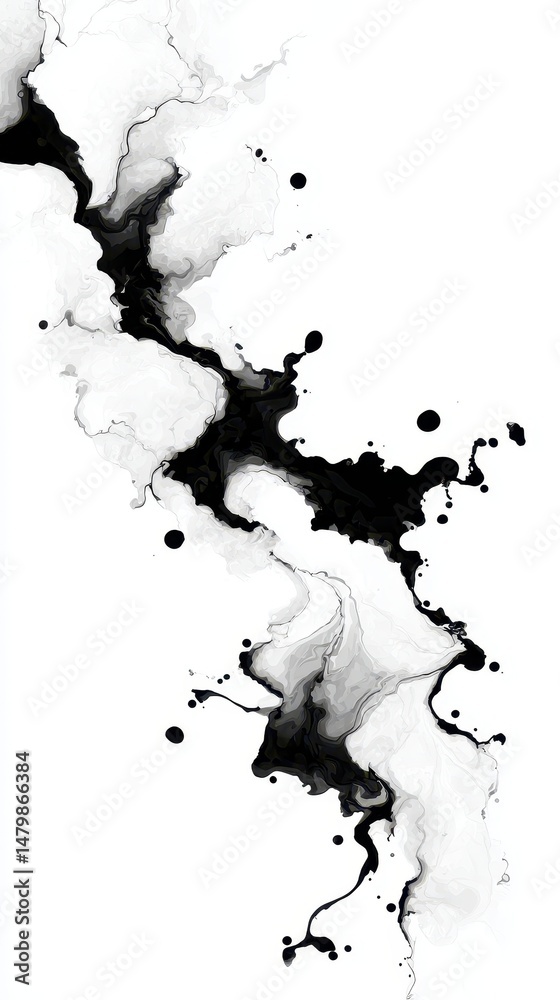Fototapeta premium Abstract black ink flows and splatters across a white background in a dynamic, artistic pattern.