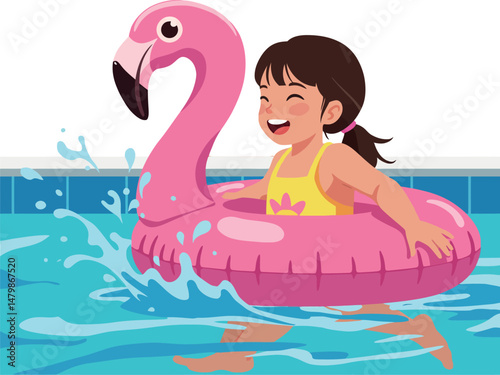 Girl enjoying swimming pool with pink flamingo float summer leisure fun vector 