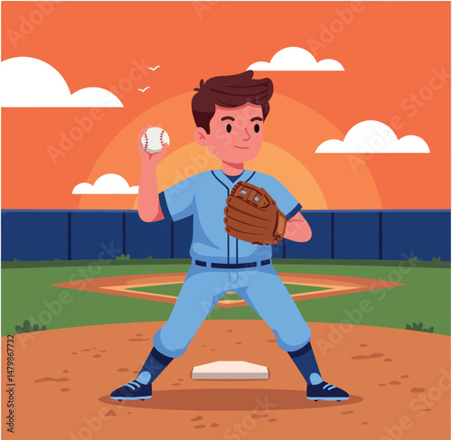 Young baseball player pitching ball on field with sunset background vector illustration 