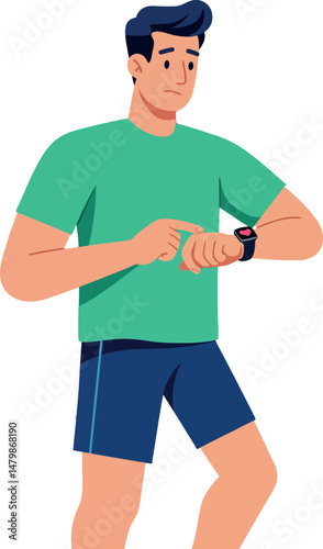 Man Checking Smartwatch Fitness Tracker Green Shirt Blue Shorts Vector Illustration 