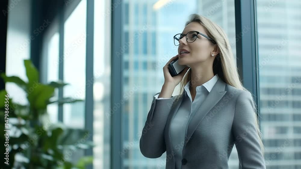 Professional businesswoman in grey suit stands in front of a large office window, speaking on the phone with a warm smile, reflecting a confident, professional image while consulti Professional businesswoman in grey suit stands in front of a large office window, speaking on the phone with a warm smile, reflecting a confident, professional image while consulti