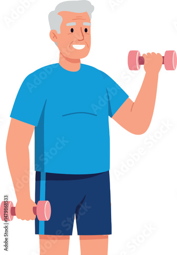 Senior man lifting pink dumbbells exercising in blue workout clothes vector illustration 