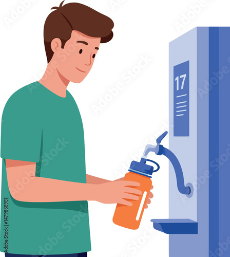Young man filling orange water bottle from blue dispenser vector illustration 