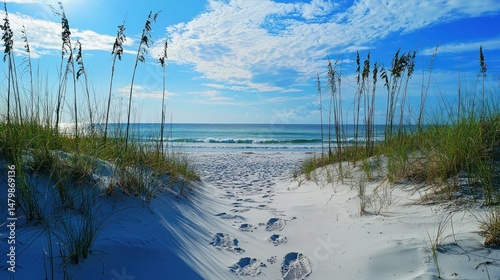 A beach scene with footprints leading to the ocean