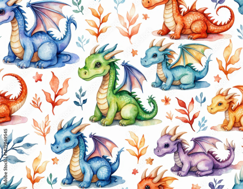 Fototapeta premium Group of whimsical watercolor dragons sitting on a white surface, perfect for illustration and design projects