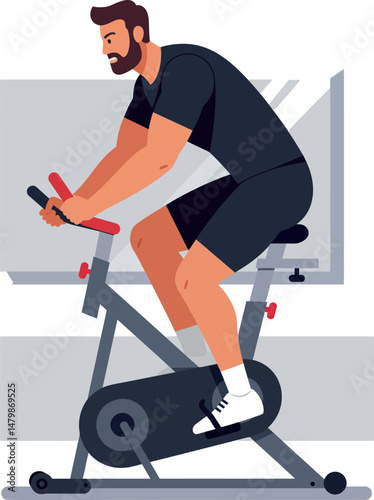 Man exercising on stationary bike indoor fitness training workout vector illustration 
