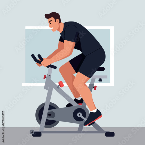 Man Exercising on Stationary Bike Indoor Fitness Training Vector Illustration 