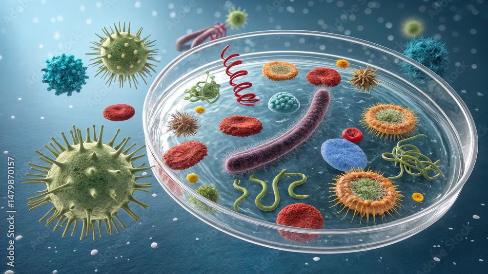 Naklejka premium microbes, bacteria, cells, organism, health, analysis, petri,