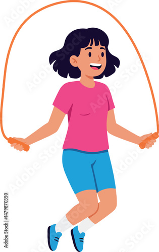 Girl skipping rope in pink shirt and blue shorts vector illustration active child play 