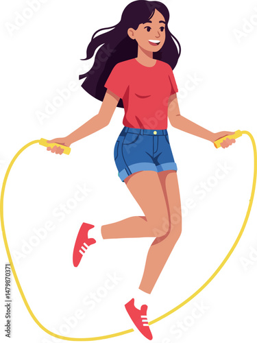 Young woman jumping rope with yellow skipping rope in casual red and blue outfit 