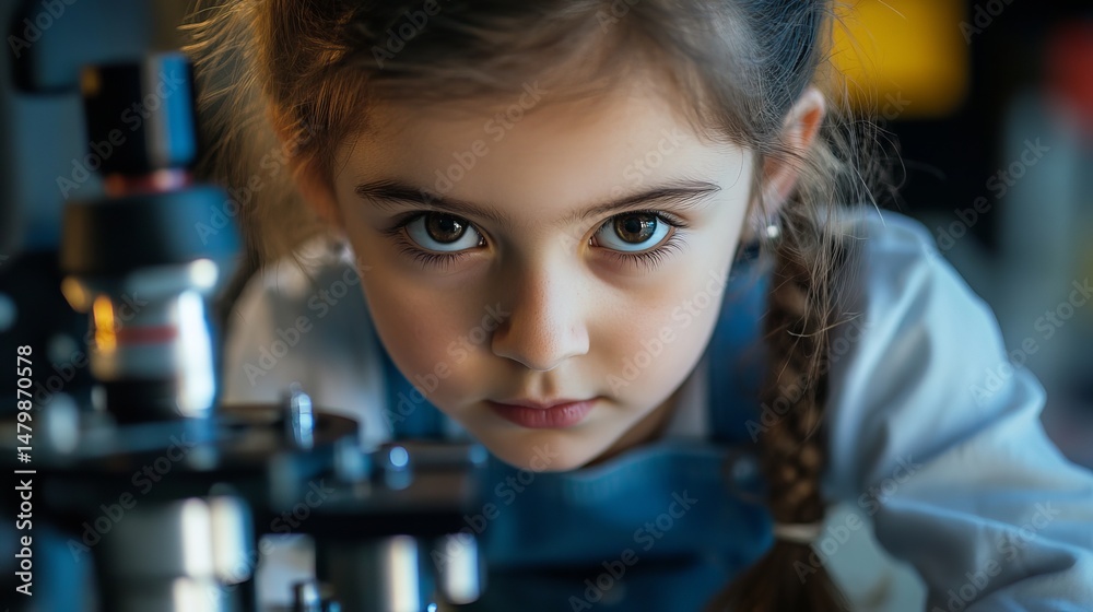 Fototapeta premium Girl Scientist: Microscope, STEM Education, Child Curiosity