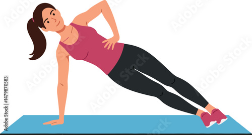 Woman exercising in side plank position on blue mat with pink top and shoes vector illustration 