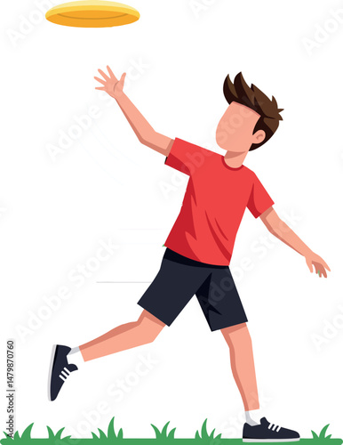 Boy playing frisbee outdoor casual sport activity in red shirt and black shorts 