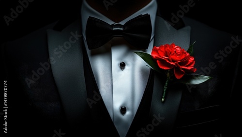 Formal tuxedo with a red rose boutonniere