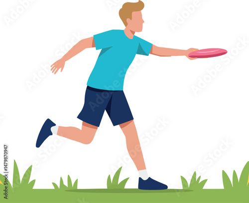 Boy playing frisbee outdoors in blue shirt and shorts active lifestyle vector illustration 