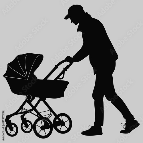 a person pushing a baby stroller silhouette vector design art and illustration