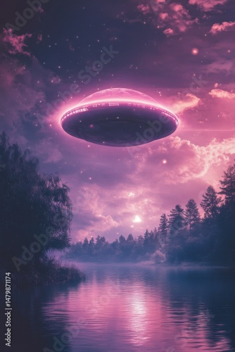 UFO hovering over lake at night aerial view pink aesthetic science fiction concept alien invasion mysterious encounter